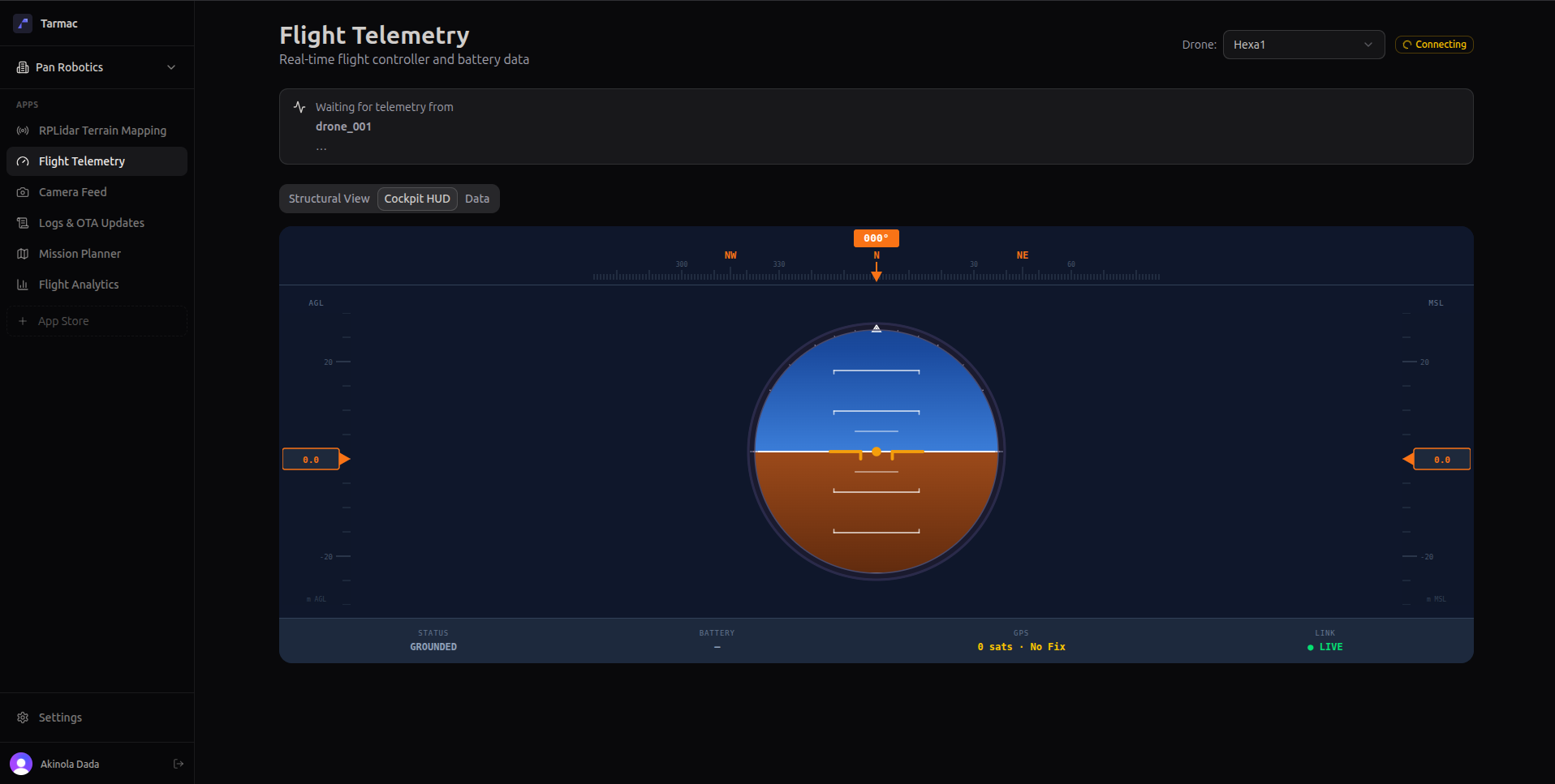Live flight telemetry — attitude, GPS, battery and link status, streamed in real time.